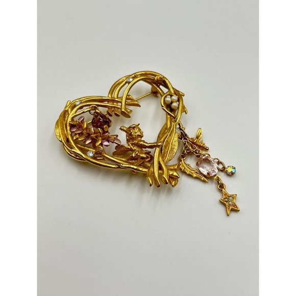Kirks Folly Wisteria Fairy Vine Heart Pin Brooch Gold Tone Dangles Fairy Jewelry - Picture 4 of 7